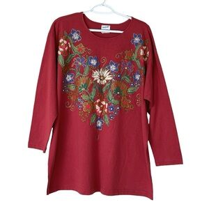 Vintage India Ink Woman Hand Painted 3/4 Sleeve T-shirt Floral Grandmacore 1X